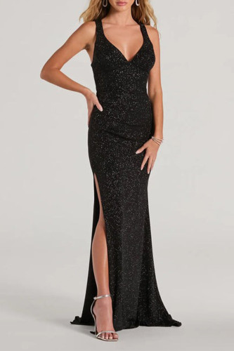 Sexy Solid Color Lace Up Backless Slit Sequined V Neck Evening Dresses