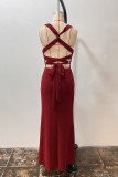 Sexy Solid Color Lace Up Backless Slit Sequined V Neck Evening Dresses