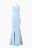 Sexy Solid Color Jacquard Lace Backless Strap Design Square Neck Fishtail Dresses
