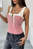 Casual Plaid Lace Up Contrast Square Neck Tops