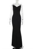 Sexy Solid Color Backless Strap Design V Neck Evening Dresses