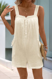 Casual Solid Color Pocket Buttons Square Neck Loose Rompers