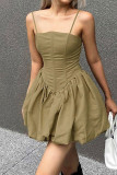 Sexy Solid Color Backless Ruched Square Neck Lantern Skirt Dresses