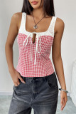 Casual Plaid Lace Up Contrast Square Neck Tops