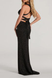 Sexy Solid Color Lace Up Backless Slit Sequined V Neck Evening Dresses