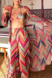 Vacation Striped Print Lace Up Contrast Swimwears Cover Up