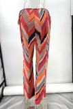 Casual Striped Print Draw String Contrast Loose Straight Full Print Bottoms