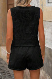 Casual Solid Color Hollow Out Buttons V Neck Sleeveless Two Pieces