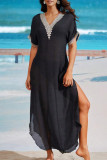 Casual Solid Color Lace Slit V Neck Short Sleeve Short Sleeve Dress