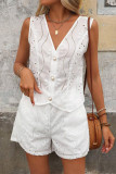Casual Solid Color Hollow Out Buttons V Neck Sleeveless Two Pieces