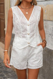 Casual Solid Color Hollow Out Buttons V Neck Sleeveless Two Pieces