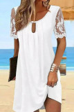 Casual Solid Color Lace Ruched O Neck A Line Short Sleeve Dress