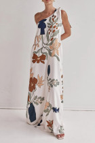 Casual Floral Print Lace Up Sloping Shoulder Long Dresses