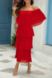 Elegant Solid Color Flounce Off Shoulder Cake Skirt Dresses