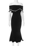 Sexy Solid Color Patchwork Flounce Contrast Off Shoulder One Step Skirt Dresses