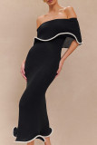 Sexy Solid Color Patchwork Flounce Contrast Off Shoulder One Step Skirt Dresses