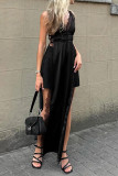 Sexy Solid Color Lace Slit Adjustable V Neck Sling Dresses