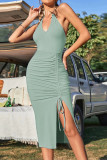 Sexy Solid Color Draw String Lace Up Backless Halter Wrapped Skirt Dresses