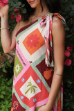 Boho Geometric Print Contrast Sloping Shoulder Printed Dresses
