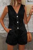 Casual Solid Color Hollow Out Buttons V Neck Sleeveless Two Pieces