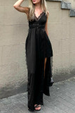 Sexy Solid Color Lace Slit Adjustable V Neck Sling Dresses