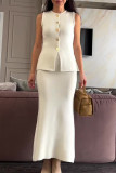 Elegant Solid Color Buttons O Neck Sleeveless Two Pieces