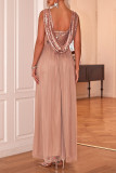 Prom Solid Color Sequins Backless Mesh V Neck Evening Dresses