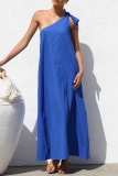 Casual Solid Color Lace Up Sloping Shoulder Irregular Dresses