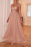 Prom Solid Color Sequins Backless Mesh V Neck Evening Dresses