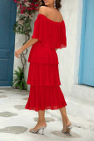 Elegant Solid Color Flounce Off Shoulder Cake Skirt Dresses