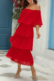 Elegant Solid Color Flounce Off Shoulder Cake Skirt Dresses
