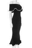 Sexy Solid Color Patchwork Flounce Contrast Off Shoulder One Step Skirt Dresses