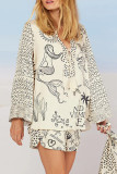 Casual Graffiti Print Tassel Contrast V Neck Long Sleeve Two Pieces