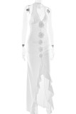 Sexy Flowers Backless Slit Ruched Halter Wrapped Skirt Dresses