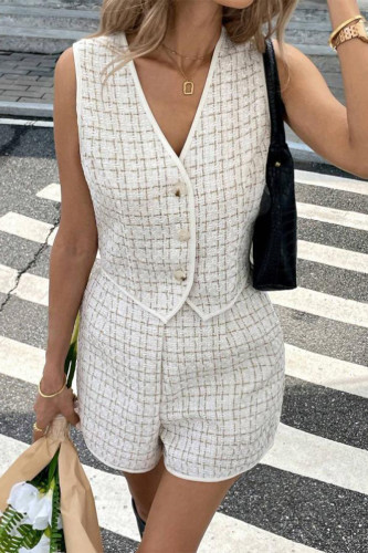Celebrities Plaid Buttons Patchwork Weave V Neck Sleeveless Two Pieces