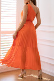 Prom Solid Color Lace Up Pleated Sloping Shoulder Waist Skirt Dresses
