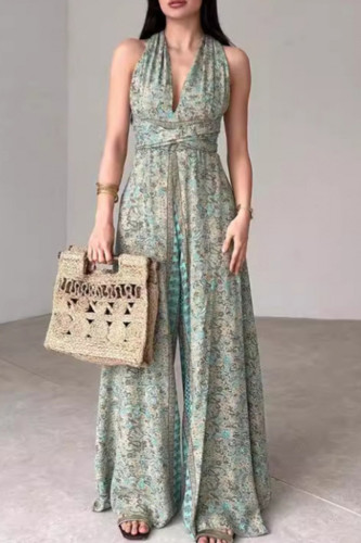 Vacation National Totem Print Cross Straps V Neck Loose Jumpsuits