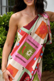 Boho Geometric Print Contrast Sloping Shoulder Printed Dresses