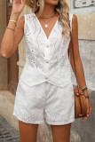 Casual Solid Color Hollow Out Buttons V Neck Sleeveless Two Pieces