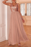 Prom Solid Color Sequins Backless Mesh V Neck Evening Dresses