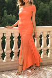 Sexy Solid Color Ruched Sloping Shoulder Fishtail Dresses