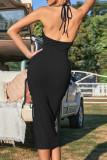Sexy Solid Color Draw String Lace Up Backless Halter Wrapped Skirt Dresses