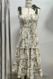 Elegant Floral Print Lace Up Flounce Sling Dresses