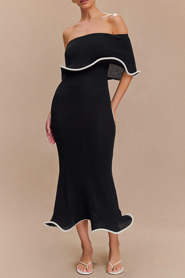 Sexy Solid Color Patchwork Flounce Contrast Off Shoulder One Step Skirt Dresses