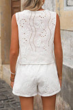 Casual Solid Color Hollow Out Buttons V Neck Sleeveless Two Pieces