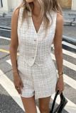 Celebrities Plaid Buttons Patchwork Weave V Neck Sleeveless Two Pieces