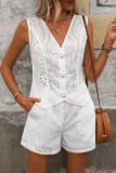 Casual Solid Color Hollow Out Buttons V Neck Sleeveless Two Pieces