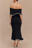Sexy Solid Color Patchwork Flounce Contrast Off Shoulder One Step Skirt Dresses