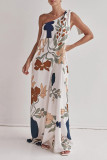 Casual Floral Print Lace Up Sloping Shoulder Long Dresses