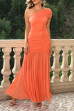 Sexy Solid Color Ruched Sloping Shoulder Fishtail Dresses